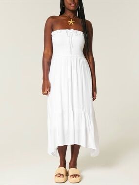 Hollister White Strapless Smocked Midi Dress